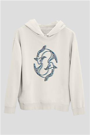 Balık Burcu Baskılı Beyaz Unisex Hoodie