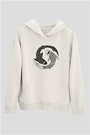 Balık Burcu Baskılı Beyaz Unisex Hoodie