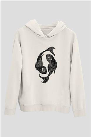 Balık Burcu Baskılı Beyaz Unisex Hoodie