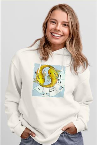 Balık Burcu Baskılı Beyaz Unisex Hoodie
