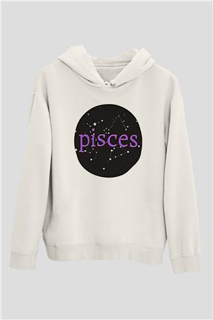 Balık Burcu Baskılı Beyaz Unisex Hoodie