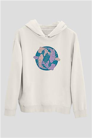 Balık Burcu Baskılı Beyaz Unisex Hoodie
