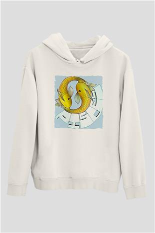 Balık Burcu Baskılı Beyaz Unisex Hoodie