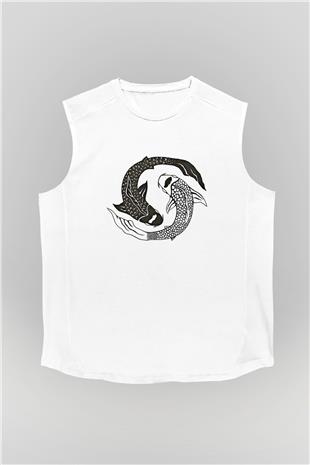 Balık Burcu Baskılı Beyaz Unisex Kolsuz Tişört - Tshirt