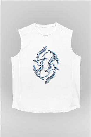Balık Burcu Baskılı Beyaz Unisex Kolsuz Tişört - Tshirt