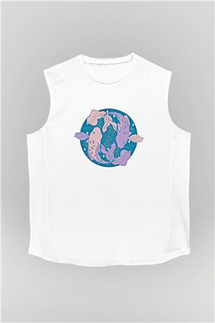Balık Burcu Baskılı Beyaz Unisex Kolsuz Tişört - Tshirt