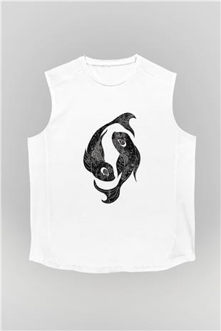 Balık Burcu Baskılı Beyaz Unisex Kolsuz Tişört - Tshirt