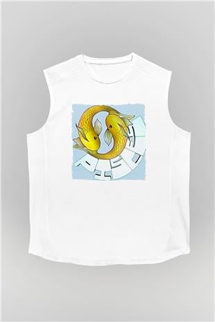 Balık Burcu Baskılı Beyaz Unisex Kolsuz Tişört - Tshirt