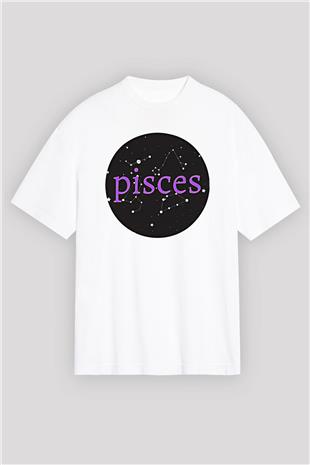 Balık Burcu Baskılı Beyaz Unisex Oversize Tişört - Tshirt