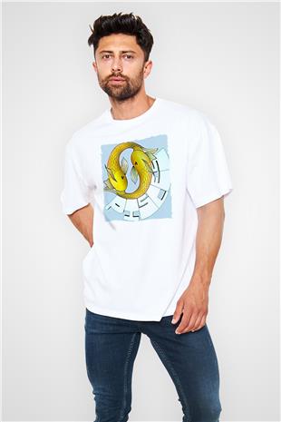 Balık Burcu Baskılı Beyaz Unisex Oversize Tişört - Tshirt