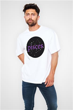 Balık Burcu Baskılı Beyaz Unisex Oversize Tişört - Tshirt