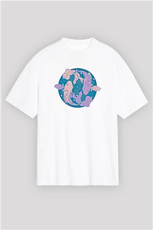 Balık Burcu Baskılı Beyaz Unisex Oversize Tişört - Tshirt