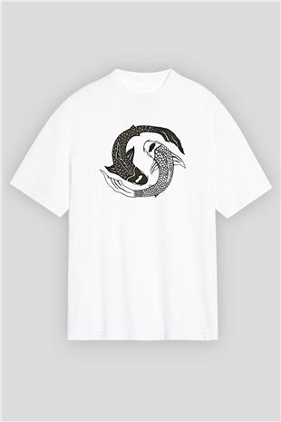 Balık Burcu Baskılı Beyaz Unisex Oversize Tişört - Tshirt