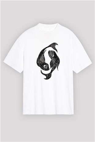 Balık Burcu Baskılı Beyaz Unisex Oversize Tişört - Tshirt