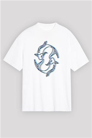 Balık Burcu Baskılı Beyaz Unisex Oversize Tişört - Tshirt