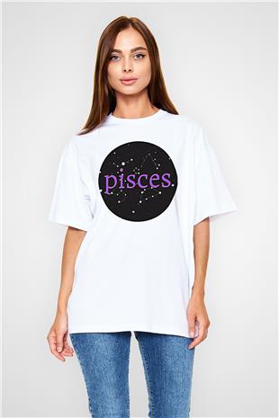 Balık Burcu Baskılı Beyaz Unisex Oversize Tişört - Tshirt