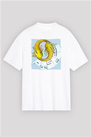Balık Burcu Baskılı Beyaz Unisex Oversize Tişört - Tshirt