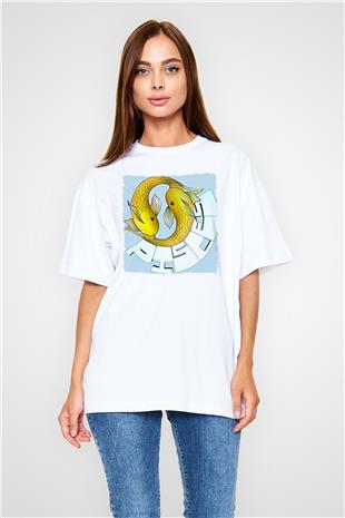 Balık Burcu Baskılı Beyaz Unisex Oversize Tişört - Tshirt