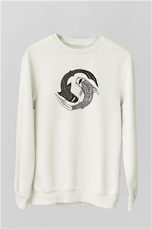 Balık Burcu Baskılı Beyaz Unisex Sweatshirt