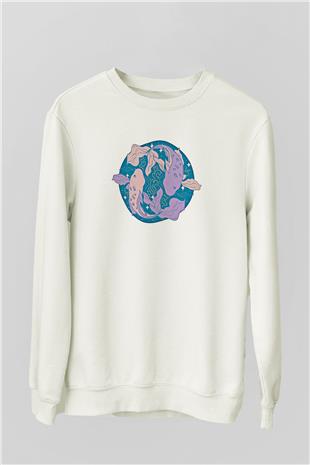 Balık Burcu Baskılı Beyaz Unisex Sweatshirt