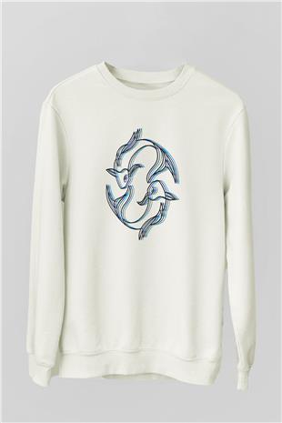 Balık Burcu Baskılı Beyaz Unisex Sweatshirt