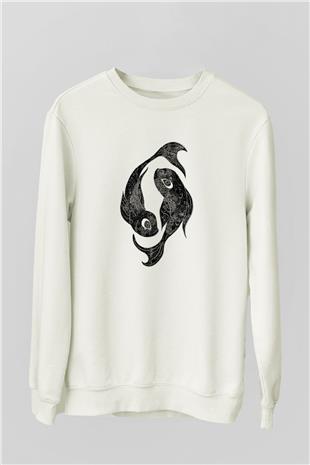 Balık Burcu Baskılı Beyaz Unisex Sweatshirt