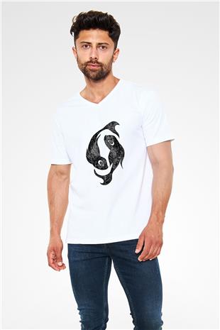 Balık Burcu Baskılı Beyaz Unisex V Yaka Tişört - Tshirt