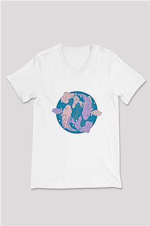 Balık Burcu Baskılı Beyaz Unisex V Yaka Tişört - Tshirt
