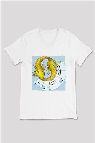 Balık Burcu Baskılı Beyaz Unisex V Yaka Tişört - Tshirt