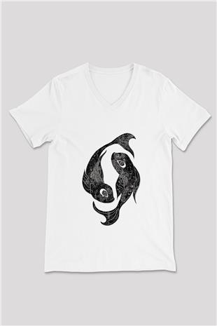 Balık Burcu Baskılı Beyaz Unisex V Yaka Tişört - Tshirt