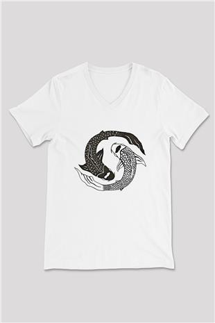Balık Burcu Baskılı Beyaz Unisex V Yaka Tişört - Tshirt