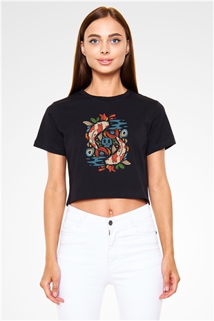 Balık Burcu Baskılı Siyah Crop Top Kadın Tişört - Tshirt