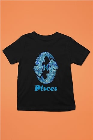 Balık Burcu Baskılı Unisex Siyah Çocuk Tişört - Tshirt