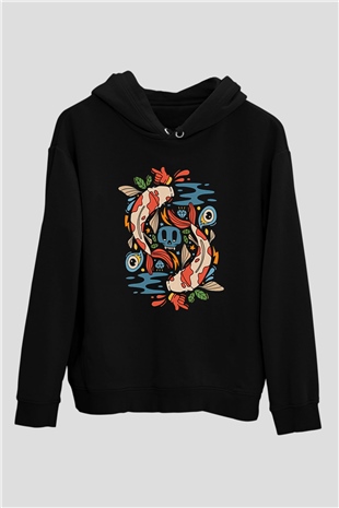 Balık Burcu Baskılı Unisex Siyah Hoodie