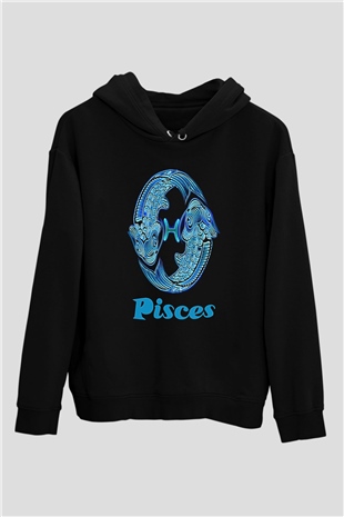 Balık Burcu Baskılı Unisex Siyah Hoodie