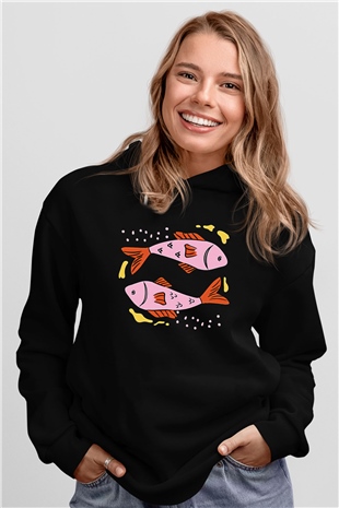Balık Burcu Baskılı Unisex Siyah Hoodie