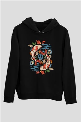 Balık Burcu Baskılı Unisex Siyah Hoodie