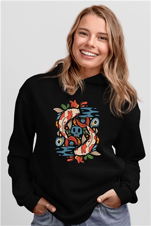 Balık Burcu Baskılı Unisex Siyah Hoodie