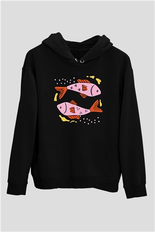 Balık Burcu Baskılı Unisex Siyah Hoodie