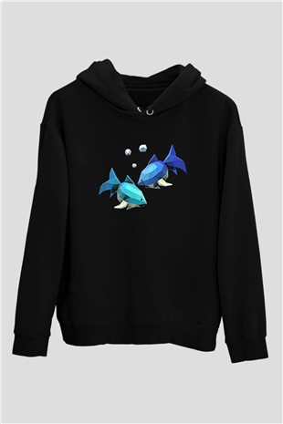 Balık Burcu Baskılı Unisex Siyah Hoodie