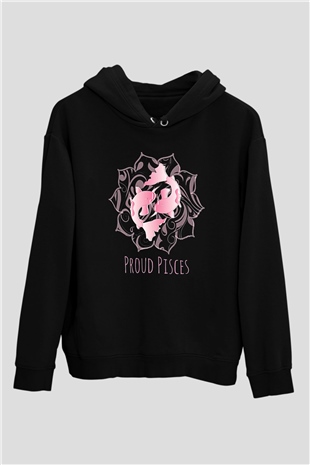Balık Burcu Baskılı Unisex Siyah Hoodie