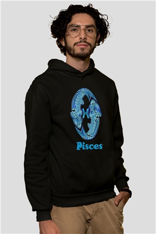 Balık Burcu Baskılı Unisex Siyah Hoodie