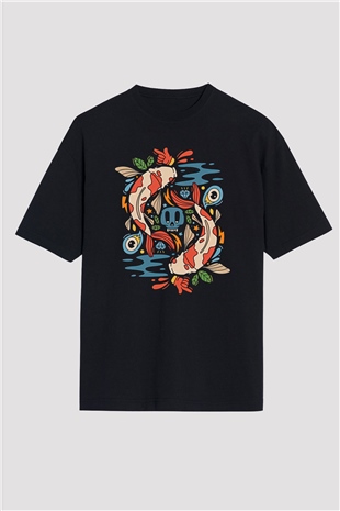 Balık Burcu Baskılı Unisex Siyah Oversize Tişört - Tshirt