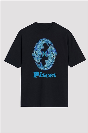 Balık Burcu Baskılı Unisex Siyah Oversize Tişört - Tshirt