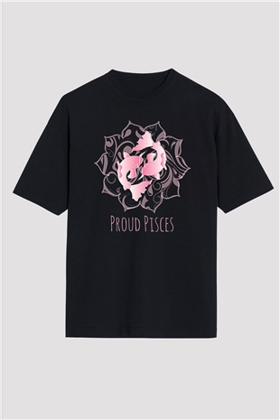 Balık Burcu Baskılı Unisex Siyah Oversize Tişört - Tshirt