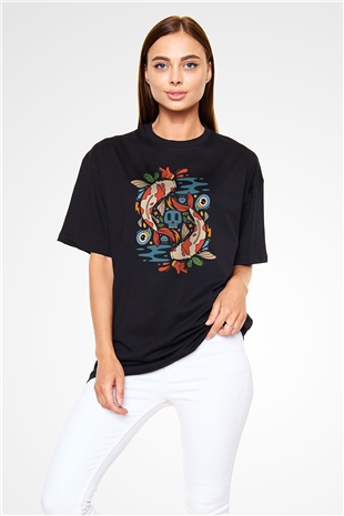 Balık Burcu Baskılı Unisex Siyah Oversize Tişört - Tshirt