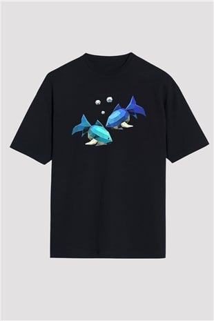 Balık Burcu Baskılı Unisex Siyah Oversize Tişört - Tshirt