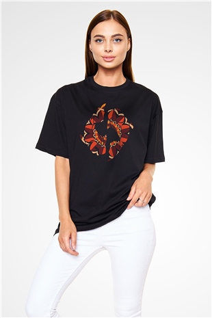 Balık Burcu Baskılı Unisex Siyah Oversize Tişört - Tshirt