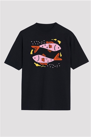 Balık Burcu Baskılı Unisex Siyah Oversize Tişört - Tshirt