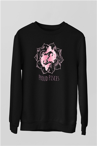 Balık Burcu Baskılı Unisex Siyah Sweatshirt